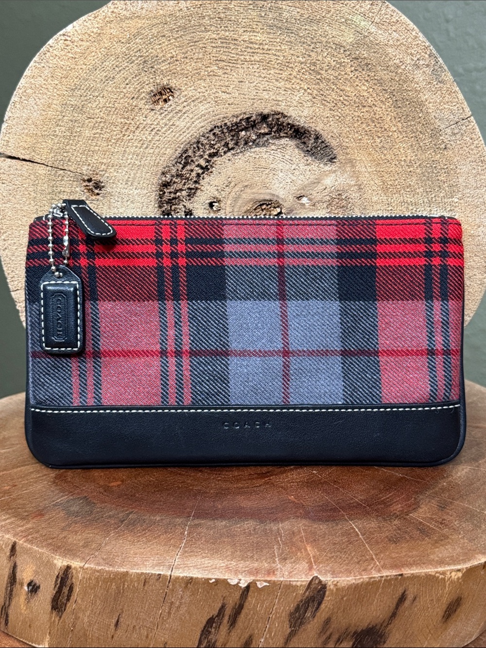 Rare Vintage Coach Hamptons Tartan Plaid Wool & Leather Zip Pouch